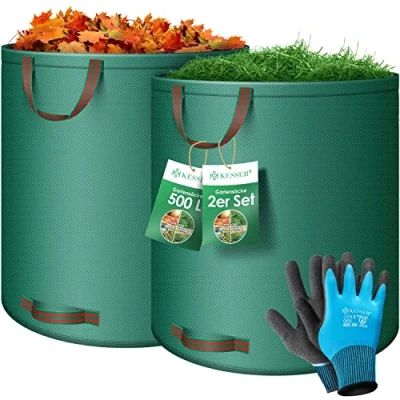 Afbeelding van KESSER® Tuinzak, set van 2 x 500 liter, inclusief handschoenen, zelfstaand, 4 handgrepen, stabiel, robuust en opvouwbaar, voor het snijden gazon, tuinzakken tuinafval, groen