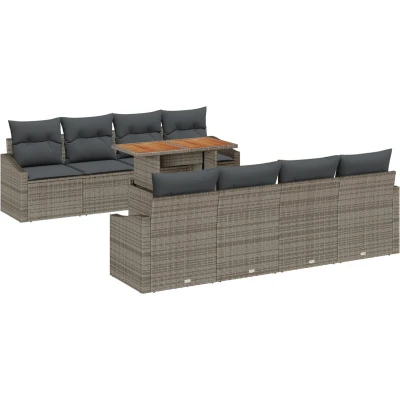 Afbeelding van vidaXL 9 Delige Tuin Eetset met Kussens Grijs Poly Rattan Acacia