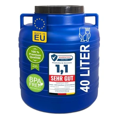 Afbeelding van plasteo® 40 liter brede hals met deksel en handvat, rond, blauw, geschikt voor levensmiddelen BPA vrij, kunststof vat, universeel dekselvat, watervat, regenton, opslagvat, blauw