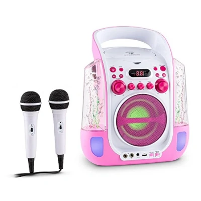 Afbeelding van auna Kara Liquida karaokeset met 2 x microfoon karaokesysteem, karaokespeler, speciale effecten: fontein, echo en LED licht, AVC functie, CD + G speler, USB, MP3 compatibel, roze