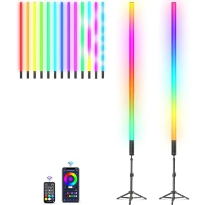Afbeelding van Luxceo Mood1S Led videolichtstaaf, 2 stuks, met uittrekbaar statief, app bediening, dimbaar en geheugen, geïntegreerde 2500 mAh batterij, 120 cm RGB fotolamp voor YouTube, TikTok, gamestreaming,