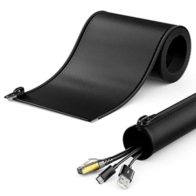 Afbeelding van deleyCON 1,5m Kabelhoes met Ritssluiting 40mm Diameter Kabelmanagement Kabelkanaal Kabelbescherming Robuust Nylon Kabelmantel Thuis Kantoor Bureau Zwart