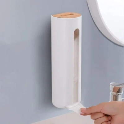 Afbeelding van FemKey Katoenen Make up Organizer, Wattenschijfje met Houten Deksel, Wandgemonteerde Updoos voor Remover Pads
