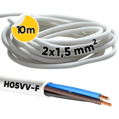 Afbeelding van Kalitec H05VV F slangkabel, 2 x 1,5 mm², stroomkabel zonder beschermgeleider, pvc kabel voor binnen, elektrische kabel, wit, lampkabel, flexibel, apparaatkabel, aderig