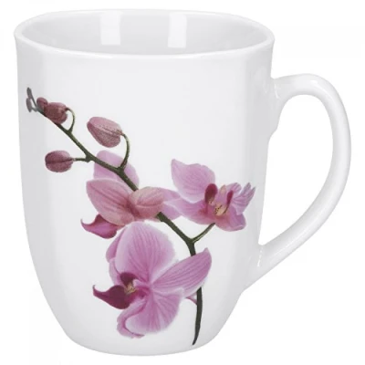 Afbeelding van Van Well Koffiemok Kyoto, 300 ml, 85 x mm, jumbo mok, grote koffiemok, porseleinen mok XL, bloemendecor orchidee, roze rood, roze, gastro