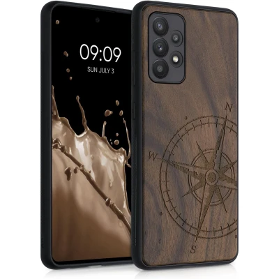 Afbeelding van kwmobile telefoonhoesje geschikt voorSamsung Galaxy A52 / 5G A52s Hoesje met bumper walnoothout In donkerbruin Vintage Kompas design