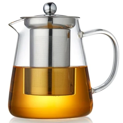 Afbeelding van MESNEY Glazen theepot met infuser 1500 ml van borosilicaatglas hittebestendige handgreep, roestvrijstalen gaaszeef voor losse bladeren en bloeiende thee kookplaat magnetronbestendig