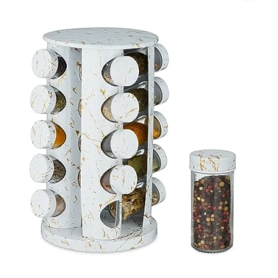 Afbeelding van Relaxdays kruidencarrousel met marmerlook draaiend kruidenrek 20 potjes draairek