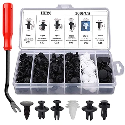 Afbeelding van LCOUACEO autobevestigingsclips, 100 stuks, universele deurbekleding, bevestigingsclips, plastic clips, bumpers, kunststof klinknagels, 6 specificaties, met demontagegereedschap