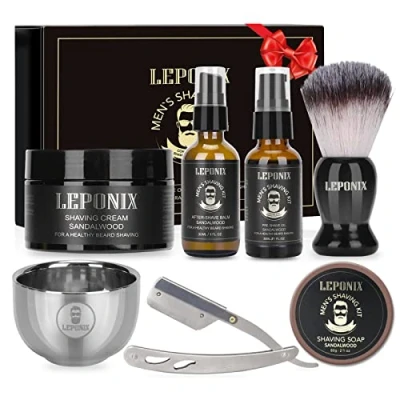 Afbeelding van scheerset voor mannen, sandelhout scheercrème, heren aftershave balsem, pre scheerolie, scheerkwast en kom, scheerzeep cadeauset vriendjes kousvullers