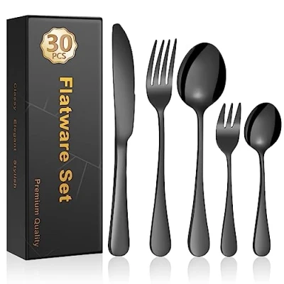 Afbeelding van Cinnani Zwarte Bestek Set 6 Personen, 30 Delig Roestvrij Staal Set, Diner met Mes Vork Lepel, Gouden voor Thuis Feest Restaurant, Vaatwasmachinebestendig