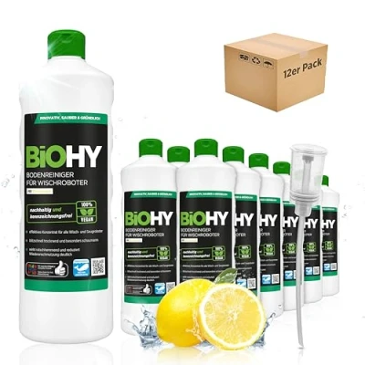 Afbeelding van BiOHY Vloerreiniger voor dweilrobots (12 x 1l Fles) + doseerder Concentreer alle veeg &amp; zuigrobots met natte functie duurzaam ecologisch lentegeur (Wischroboter)