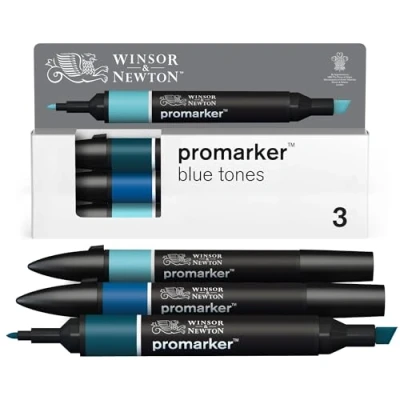 Afbeelding van Winsor &amp; Newton 0290183 ProMarker Set Blauwtinten, 3 layout markers in een set, met 2 punten, fijn en breed voor tekeningen, ontwerp lay outs