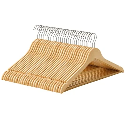 Afbeelding van houten kleerhangers, set van 30, massief hangers, inkepingen in de schouders, antislip broekbrug, 360 draaibare haak, voor pakken, overhemden, natuurkleurig zilver CRW031NL