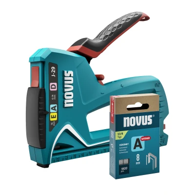 Afbeelding van NOVUS TOOLS Handnietmachine J 29 set + 1800 fijne nietjes A type 53 professionele nietmachine met metalen behuizing voor en platte draadklemmen van 6 tot 14 mm spijkers 16