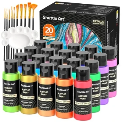 Afbeelding van metallic acrylverf set, Shuttle Art 20 kleuren verf in flessen (60ml, 2oz) met 3 borstels en palet, rijke pigmenten, niet giftig voor kunstenaars, beginners, gebruik op rotsen, ambachten, canvas, hout, stof
