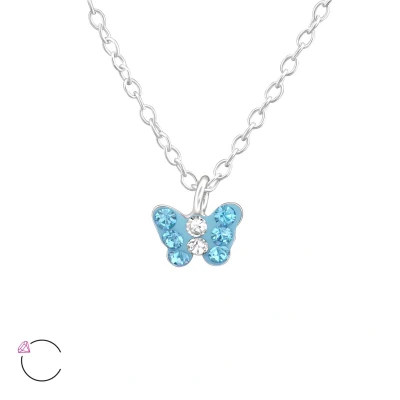 Afbeelding van JoyS Zilveren vlinder hanger 6 x 5 mm Swarovski kristal blauw met ketting 39 cm voor kinderen