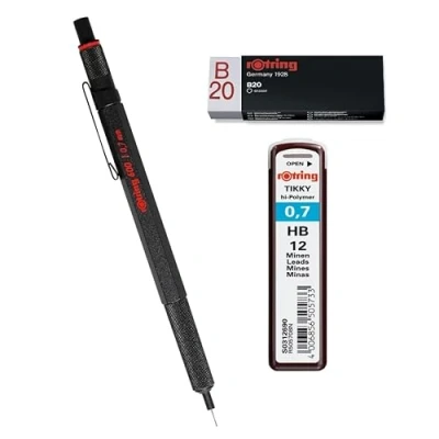 Afbeelding van rOtring 600 Vulpotlood Set 0,7 mm Zwart Volledig Metalen Body Propelling Potlood Zeshoekige Vat HB 0,70 (12 Leads) Gum B20