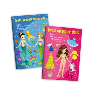 Afbeelding van Aankleedpopset om uit te knippen, aankleedpop van papier, papieren poppen, speelboek (4 poppen en 4 zeemeerminnen) met kledingstukken aan trekken