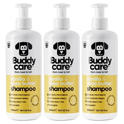 Afbeelding van Buddycare Vanille &amp; Sheabutter hondenshampoo hydraterende shampoo voor honden fris geurend met aloë vera en pro vitamine B5 (500ml x3)