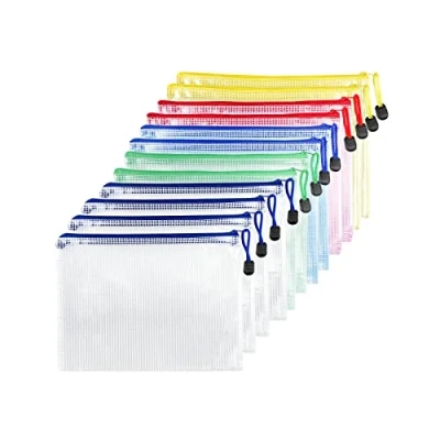 Afbeelding van Fousenuk 12 stuks documentenhoezen met ritssluiting, A5, waterdichte documentenhoes, mesh plastic ritshoes, hoezen rits voor documenten, papier, kwitanties, cosmetica, 5 kleuren