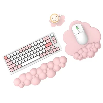 Afbeelding van MAMBASNAKE Cloud muismat en toetsenbord polssteunset met onderzetter, comfortabele traagschuim polskussenondersteuning muismatset antislipbasis, ergonomisch eenvoudig typen roze
