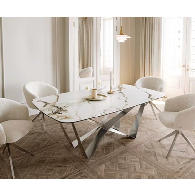 Afbeelding van Eetkamertafel Edge wit goud grijs Boot keramiek Calacatta Luxe 200x100 spider vlak staal RVS