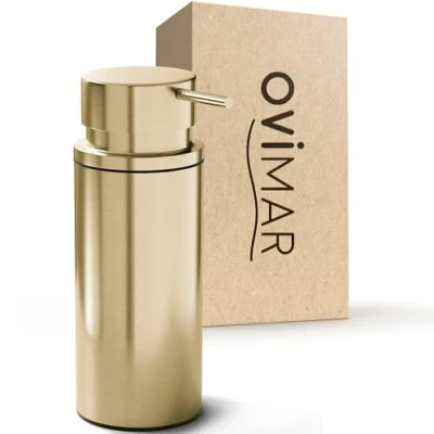Afbeelding van ovimar Zeepdispenser solastranden goud roestvrij staal vrijstaand zonder boren met extra grote opening gemakkelijk navulbaar voor de badkamer of keuken