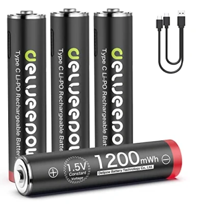 Afbeelding van Delyeepow USB C AAA oplaadbare 1,5 V 1200 mWh batterijen met 2 in 1 oplaadkabel, uur snel opladen, 1500 cyclus, 4 stuks