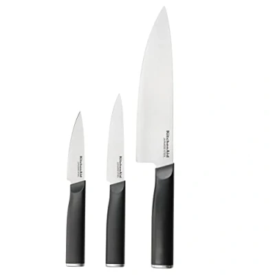 Afbeelding van KitchenCraft KitchenAid, Japanse messenset, scherp mes van Japans staal met hoog koolstofgehalte, zwart, inclusief meshoezen, 3 stuks