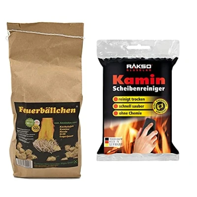 Afbeelding van RaiffIron Waren vuurballetjes 0,5 kg + RAKSO glasreiniger voor open haarden (brandduur ca. 10 min, aanmaakblokjes reiniger zonder chemicaliën, reinigt smering krassen), 1 stuk (1 stuk)