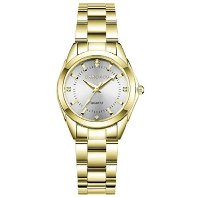 Afbeelding van rorios Modieus dameshorloge, analoog, kwarts, polshorloge met roestvrijstalen armband, waterdicht, elegant horloges voor meisjes en vrouwen, goudwit., armband