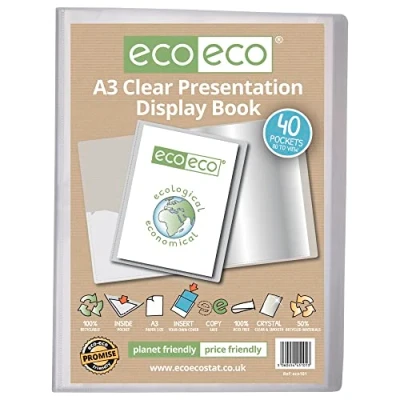 Afbeelding van eco A3 Maat 50% Gerecycleerd 40 Pocket Clear Presentatie Display Book, Opbergkoffer Portfolio Art Folder met Plastic Sleeves, eco101