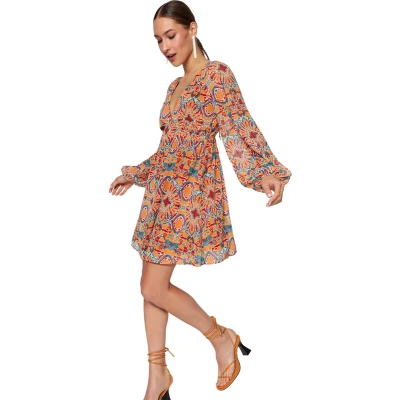 Afbeelding van Trendyol Bruine Luipaardpatroon A Lijn Gestrikte Hals Mini Gevoerde Chiffon Geweven Jurk Twoss23El00519