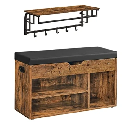 Afbeelding van VASAGLE Schoenenbank, wandgarderobe, industriële stijl, meubelset voor entree, wandrek met 5 afneembare haken, zitbank zitkussen, vintage bruin zwart LSR132B01