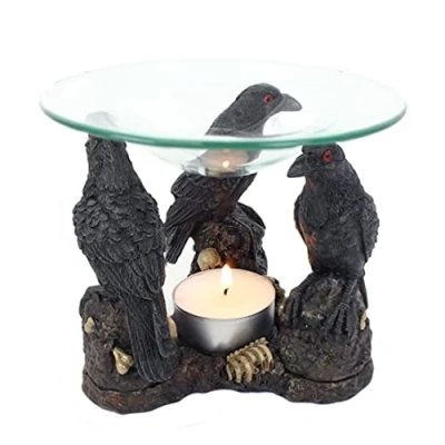 Afbeelding van 3 Gothic Donkere Raven Schedel Wax Tart Warmer Oliebrander Theelicht Kaars Houder