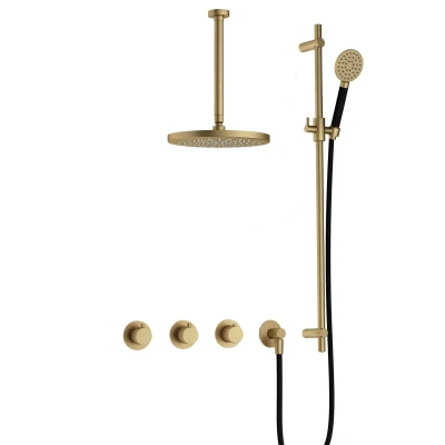 Afbeelding van Hotbath Cobber Regendoucheset IBS70 Geborsteld Messing Ronde handdouche 30cm Hoofddouche Plafondbuis Handouche met glijstang