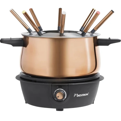 Afbeelding van Bestron elektrische Fonduepan met 8 fonduevorken, Fondueset inclusief traploze temperatuurregelaar &amp; spatbescherming, vaatwasmachinebestendig, kleur: koper