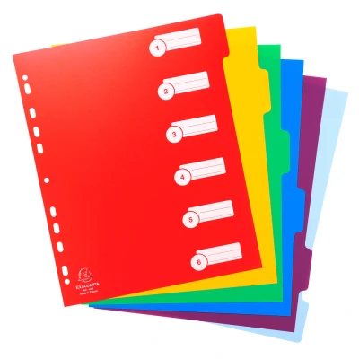 Afbeelding van Exacompta ref. 4806E Ondoorzichtige stevige polypropyleen tabbladen met 6 neutrale tabs Eerste gedrukte index Formaat A4 Maxi Geassorteerde heldere kleuren