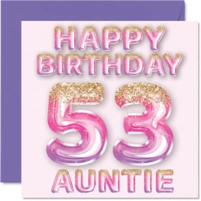 Afbeelding van 53e verjaardagskaart voor tante roze en paarse glitterballonnen gelukkige verjaardagskaarten 53 jarige van neef nichtje, 145 mm x cadeau