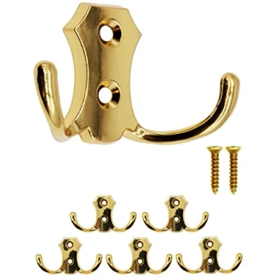 Afbeelding van Fuxxer® Klassieke garderobehaken, kledinghaken, dubbele haken, keukenhaken, ijzeren design, set van 5 (goud)