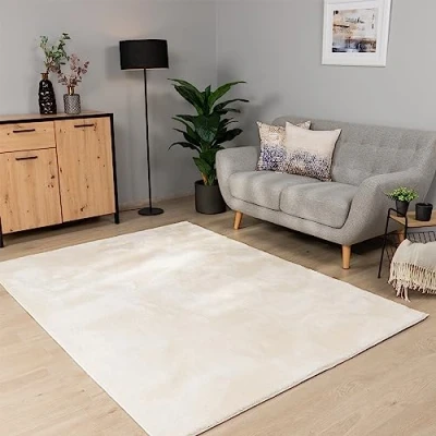 Afbeelding van Vloerkleed Woonkamer Laagpolig Wasbaar In Wasmachine Eenkleurig Zacht, Maat:160x220 cm, Kleur:Crème