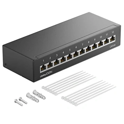 Afbeelding van deleyCON CAT 6a Patchpaneel 12 Poorten 1U Desktop &amp; Wandmontage Afgeschermd 12x RJ45 Bus LAN Netwerk Installatiekabel TIA568A TIA568B RAL 9005 Zwart