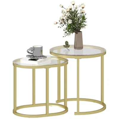 Afbeelding van HOMCOM Salontafel, rond, set van 2, stapelbare bijzettafel met stalen frame, woonkamertafel, koffietafel voor woonkamer, slaapkamer, goud