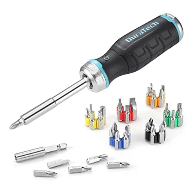 Afbeelding van DURATECH Ratelschroevendraaier met bitmagazijn, bitschroevendraaier, magnetische schroevendraaier, 36 delige bits, 1/4 inch (6 mm) zeskant, verlengstang, antislip handgreep, draagtas