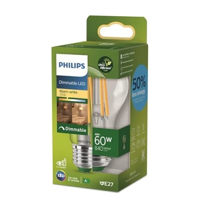 Afbeelding van Philips Ultra Efficient LED lamp Transparant 60 W E27 Dimbaar warmwit licht Energielabel A