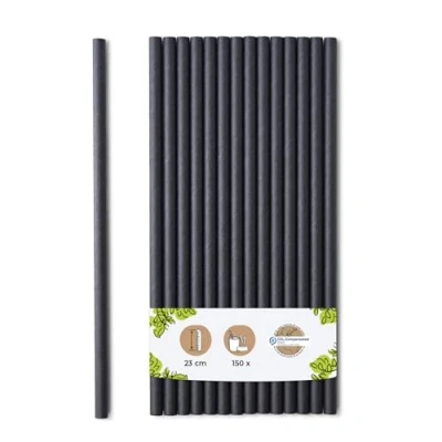 Afbeelding van BIOZOYG Jumbo papieren rietjes, 23 cm, Ø 8 mm, biologisch afbreekbaar, zwarte milieuvriendelijk, feestrietjes voor smoothies, 150 stuks