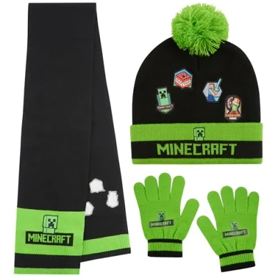 Afbeelding van Minecraft 3 delige winterset, muts met pompon, sjaal en handschoenen voor kinderen, One Size