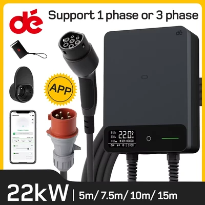 Afbeelding van dé Wallbox 22kW 32A met APP, 230V Home oplaadstation, 5m 7,5 m 10m 15m oplaadkabel, CEE naar Type 2 EV oplader Zwart
