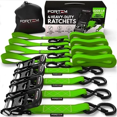 Afbeelding van FORTEM Ratelspanbanden, 2362 KG Breeksterkte, (4) 3M Zware Banden, Zachte Lussen, Met Rubber Beklede Metalen Handgrepen, Kunststof Haken, Draagtas (Groen)